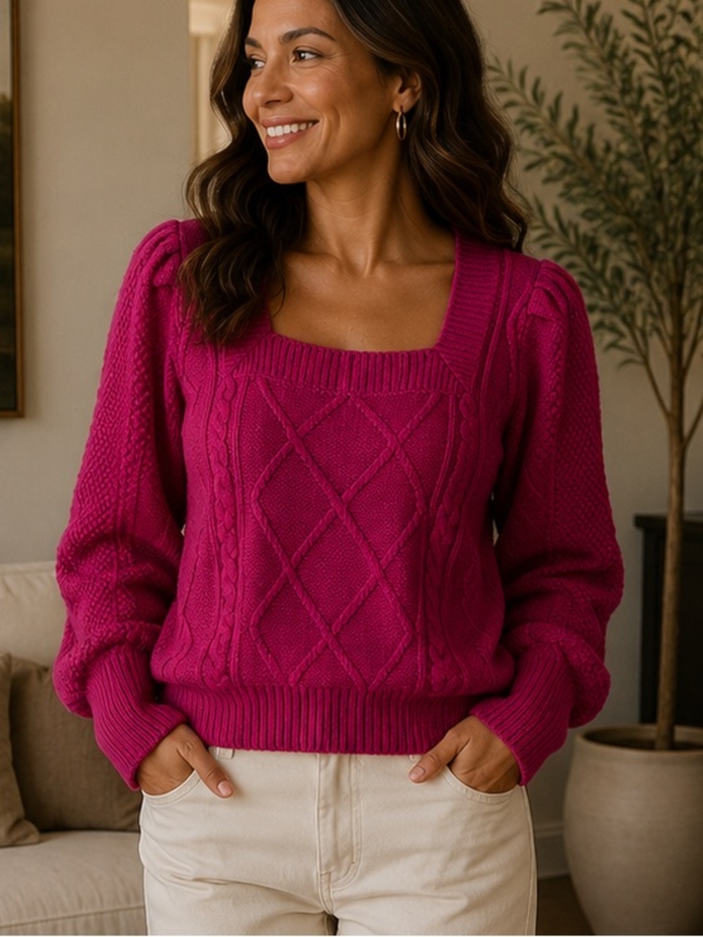 Pink Rose Women's Magenta Cable Knit Square Neck Sweater XS